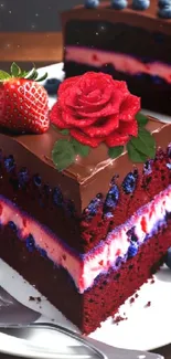 Chocolate cake slice with strawberry and blueberry garnish.