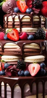 Chocolate cake with fresh berries and macarons on top.