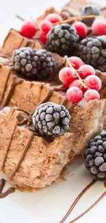 Plate of chocolate waffles with berries on top.