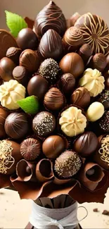 Artistic chocolate bouquet with green leaves