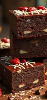 Stacked chocolate brownies with strawberries and almonds.