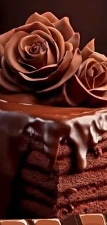 Chocolate cake with sugar roses and glossy icing.