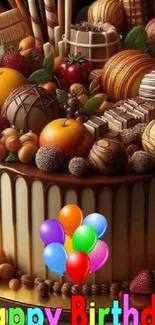 Chocolate cake with fruit and balloons decoration.