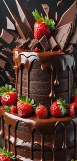 Two-tiered chocolate cake with strawberries and chocolate decorations.
