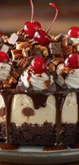 Chocolate cake with cherries and nuts on top