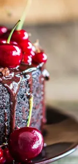 Rich chocolate cake topped with cherries.