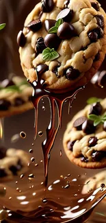 Chocolate chip cookies with dripping chocolate and mint leaves.