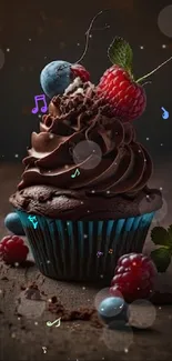 Chocolate cupcake with berries on top, artistic wallpaper.