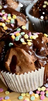 Chocolate cupcakes with sprinkles on a wooden board