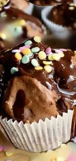 Chocolate cupcakes with sprinkles on wooden surface.