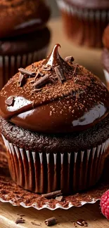Close-up of a rich chocolate cupcake with frosting.