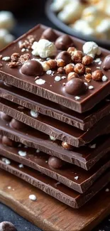Stack of chocolate bars with nuts as a mobile wallpaper.