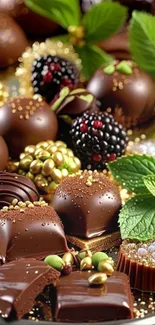 Gourmet chocolate desserts with leaves