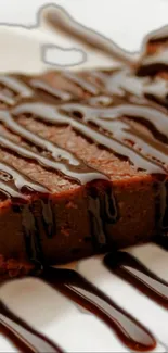 Close-up of chocolate dessert with rich drizzles on a white plate.