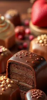 Close-up of various elegant chocolate desserts with a rich texture.