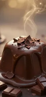 Steaming chocolate dessert with rich, melted toppings.
