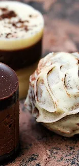 Gourmet chocolate desserts on a textured background.