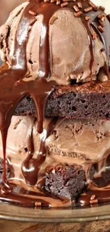 Chocolate brownie with ice cream and drizzled chocolate sauce.