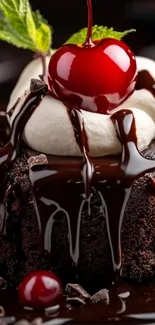 Chocolate cake with cherry and cream topping.