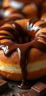 Chocolate glazed donut with chocolate pieces.