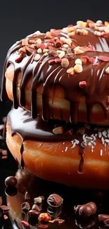 Chocolate glazed donuts with nuts on a black surface.