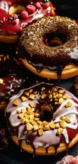 Dark chocolate donuts with colorful toppings.