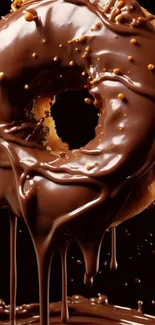 Mouthwatering chocolate glazed doughnut dripping on black background.