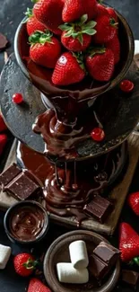 Chocolate fondue with strawberries and marshmallows.