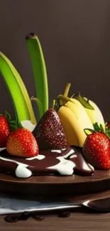 A chocolate-drizzled plate of strawberries and bananas.