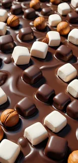 Chocolate, marshmallows, and hazelnuts on a rich brown background.