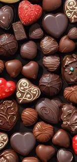 Assortment of heart-shaped chocolates on black background.