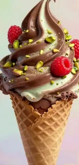 Chocolate ice cream cone with raspberries and pistachios.