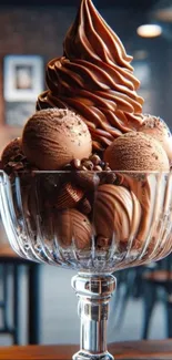 Elegant glass bowl with chocolate ice cream scoops and swirls.
