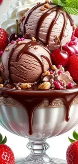 Delicious chocolate ice cream sundae with strawberries.