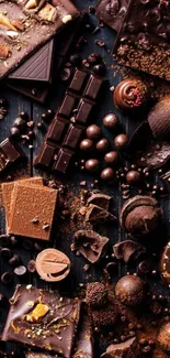 Assortment of luxurious chocolates arranged artistically on a dark background.