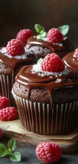 Chocolate cupcakes with raspberries and rich chocolate frosting.