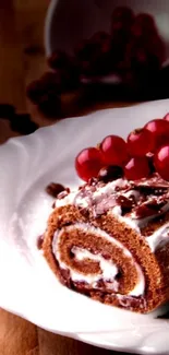 Chocolate roll with berries on a plate, perfect food wallpaper.