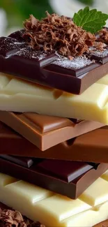 Stack of dark, milk, white chocolate with grated chocolate topping.