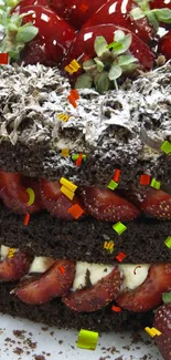 Chocolate strawberry cake with layered design and fresh strawberries.