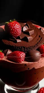 Chocolate dessert topped with strawberries and chocolate chips in a glass.