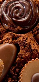 Assorted chocolate treats against cocoa powder background.
