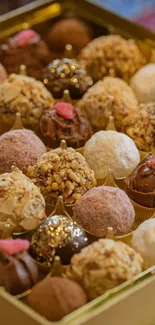 Assorted chocolate truffles in a gold box.