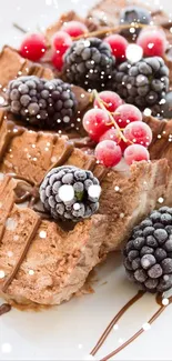 Chocolate waffle with mixed berries on a plate.