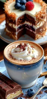 A delicious chocolate cake and a cup of coffee on a plate.