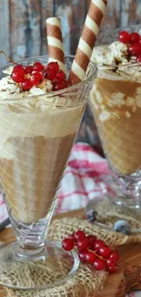 Iced coffee dessert with cream and red berries in glass cups.
