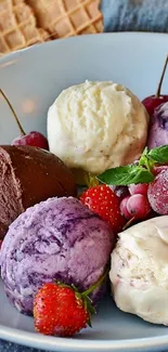 Colorful ice cream scoops with berries in a bowl.