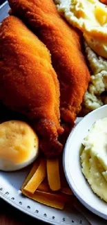 Plate of fried chicken with mashed potatoes and gravy served as a wallpaper.