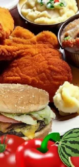 Colorful plate of comfort food with hamburger, chicken, and mashed potatoes.