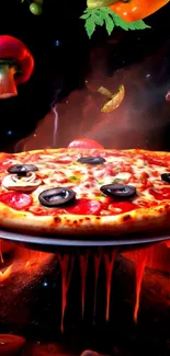 Cosmic-themed pizza wallpaper with floating toppings.