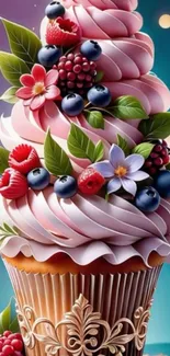 Colorful cupcake with flowers and fruit on vibrant background.